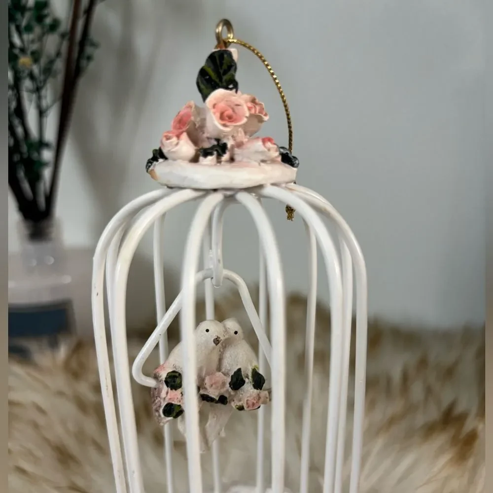 Shabby Chick White Pink Floral Cage That Hangs with 2 Lovebirds